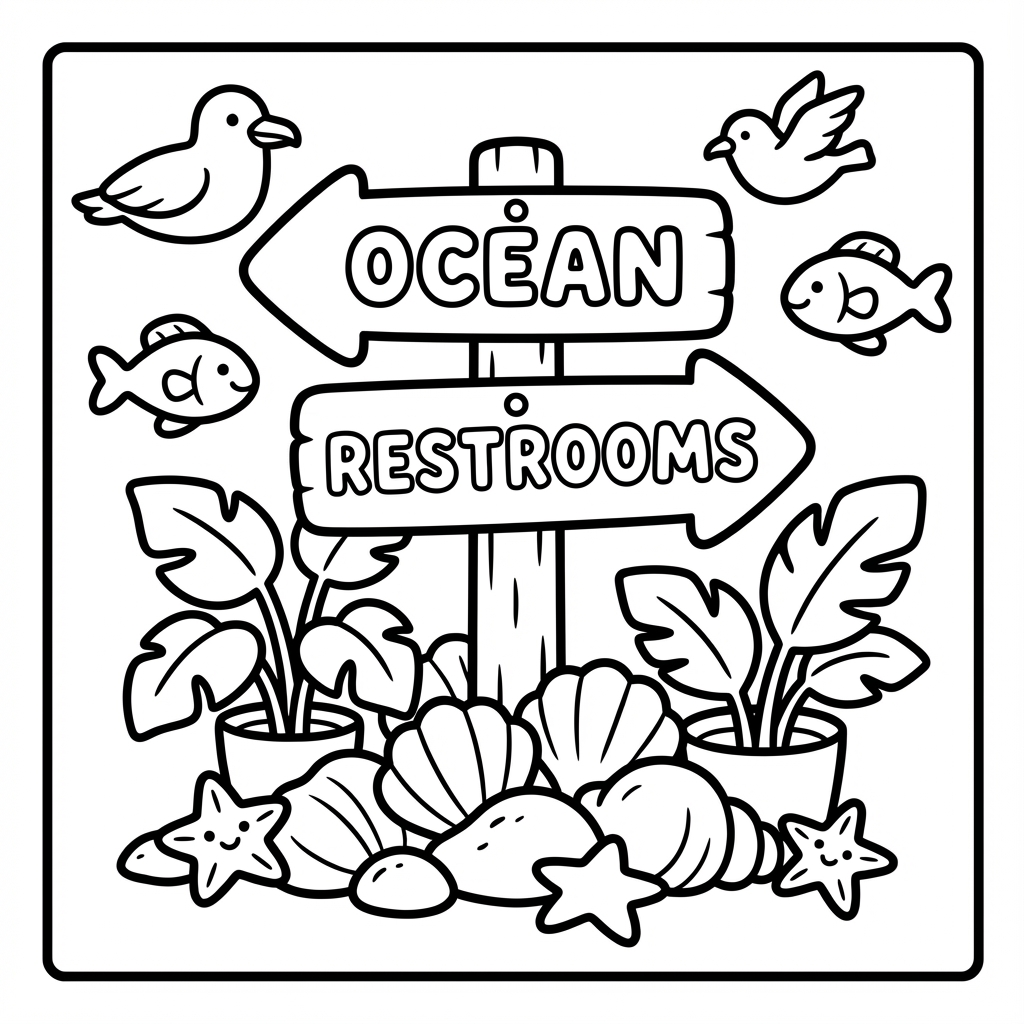 Cute wooden sign pointing to the ocean and restrooms, designed as bold line coloring pages and easy coloring pages for toddlers with thick lines.
